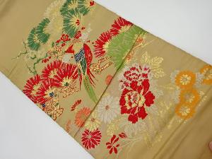 アンティーク　鳥・松・牡丹模様織出し名古屋帯（着用可）